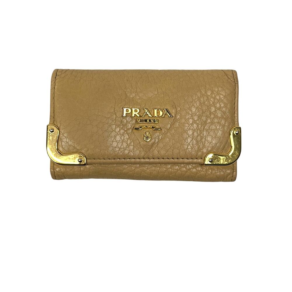 Prada Pebbled Leather 6 Key Holder Camel Tan Gold Corner Logo Case - Picture 6 of 14